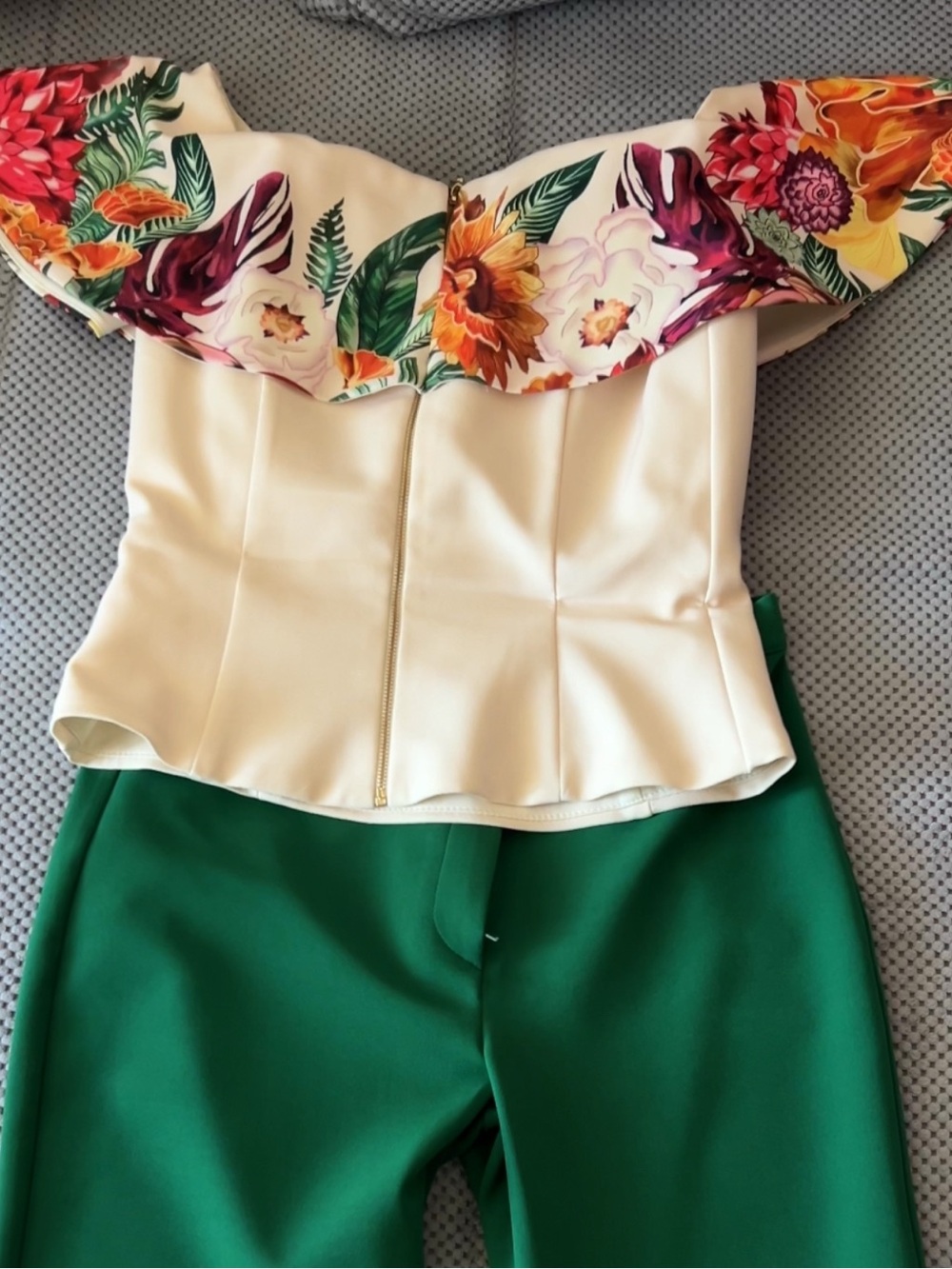 Off-Shoulder Floral Trim Cream Peplum Top